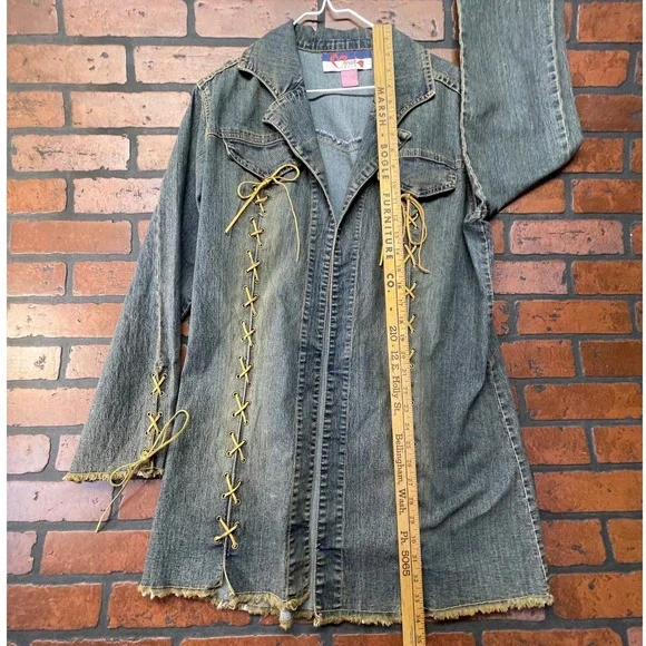 Mwah Jeans Y2K Acid Wash Denim duster Jacket Raw Frayed Edge Cord Leather Lacing - Picture 3 of 11